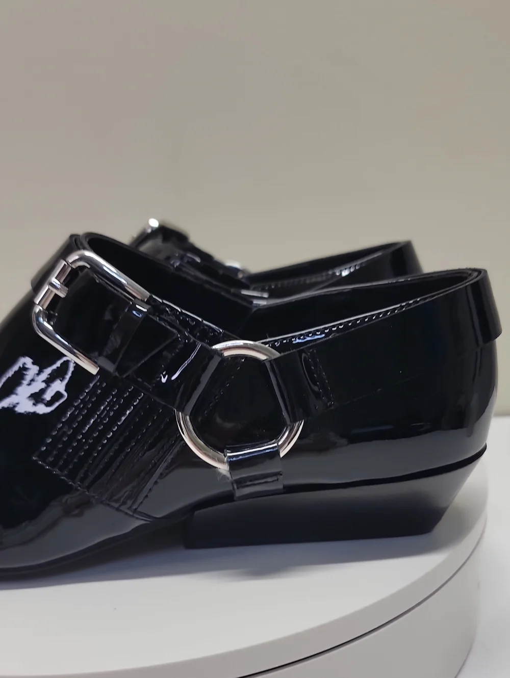 Calvin Klein Black Patent Pointed Toe Strap Shoe Shiny New W/out Box